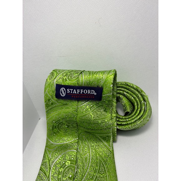 Stafford Performance Mens Silk Tie Green Paisley Woven Handmade Classic Necktie - Picture 4 of 7
